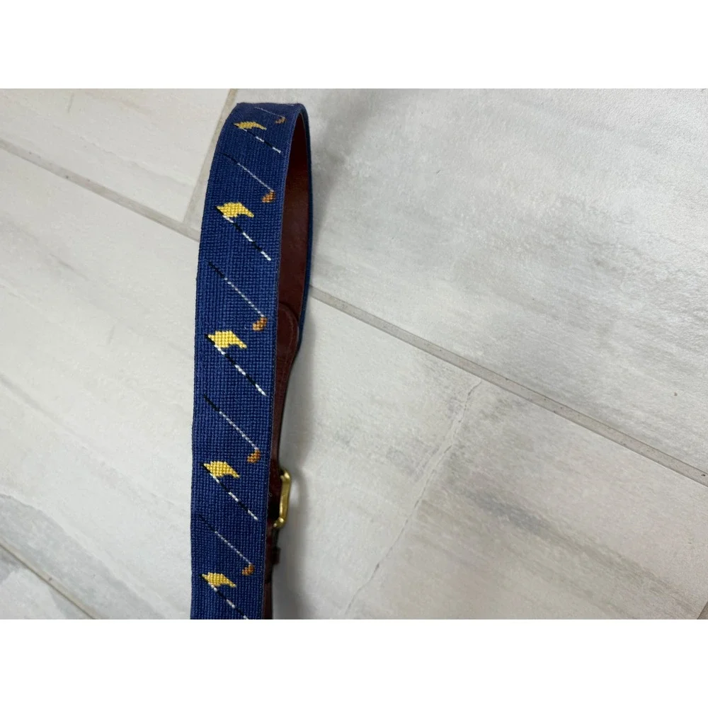 Smathers & Branson Mens Golf Needlepoint Belt Navy Blue Leather Size 36 Brass